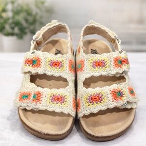 Cream Crochet Strappy Sandals with Multicolor Accents